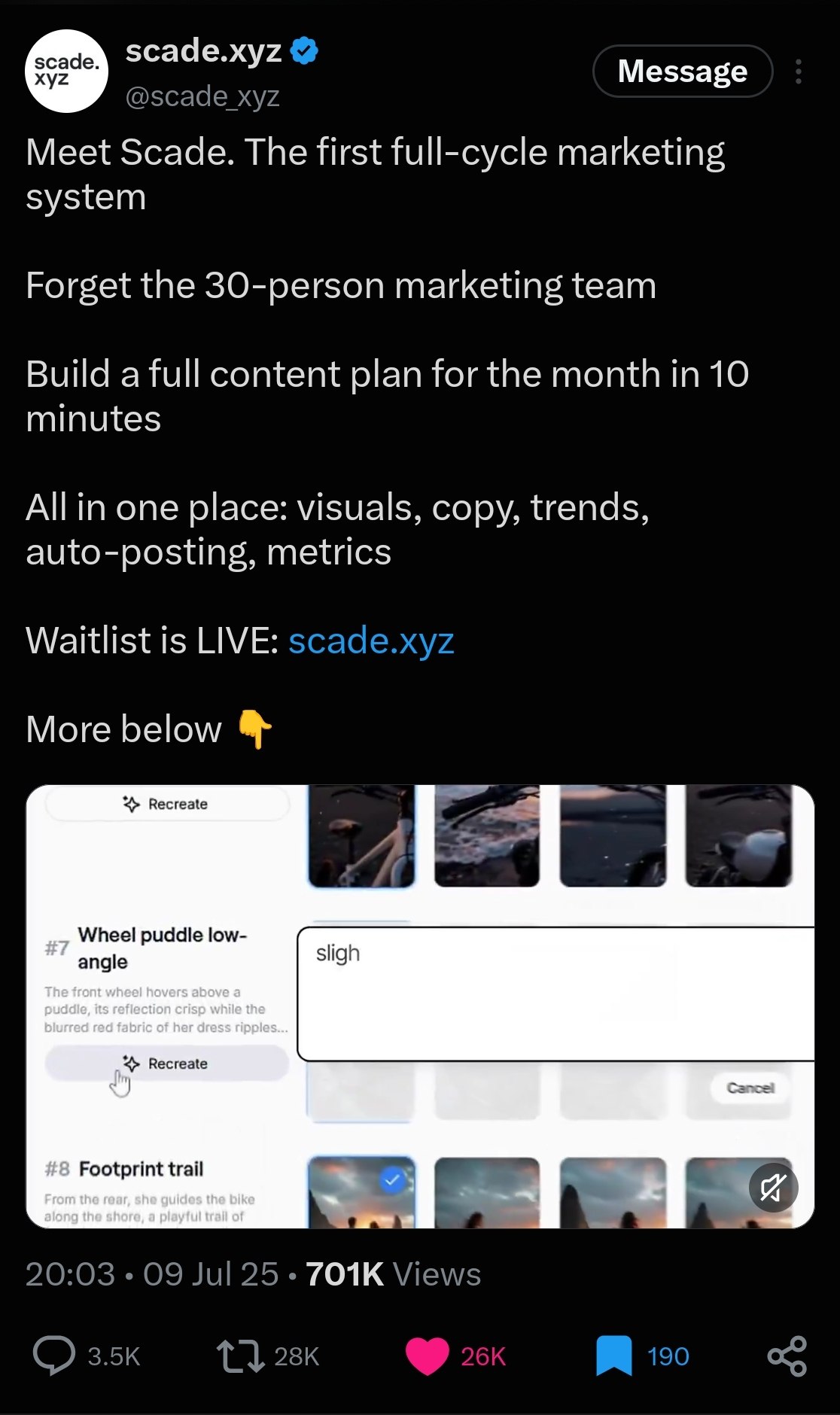 Scade post on X with 701K views